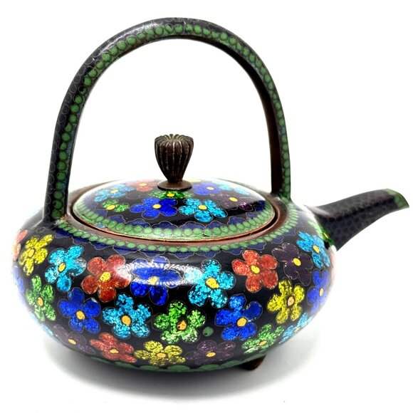 Cloisonné Vtg Floral Teapot Handle Lid Multicolor Enamel On Black Metal 5.5"